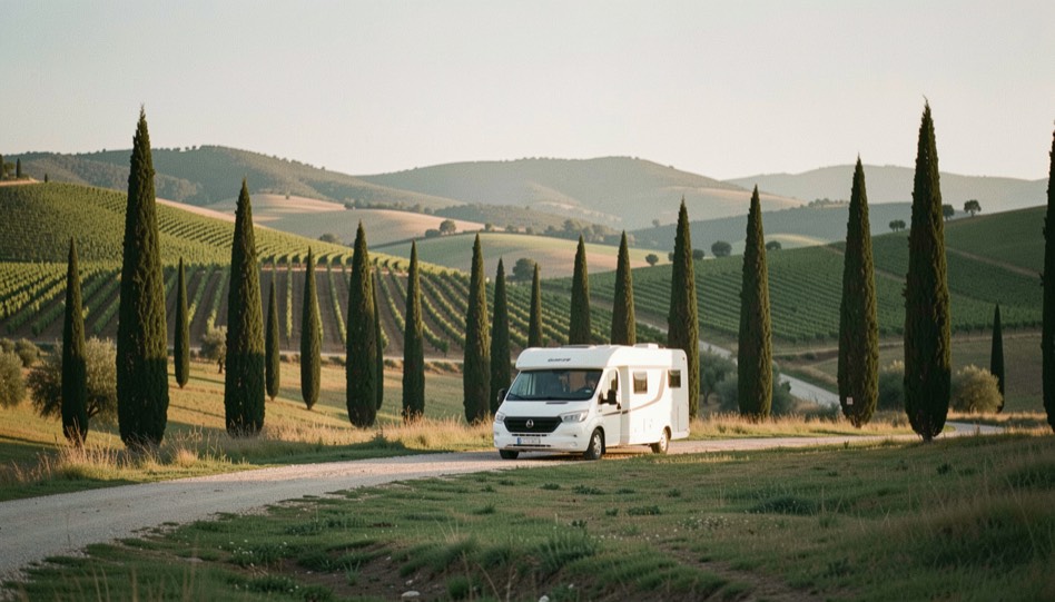 Strada bianca fra colline coltivate con filari di cipressi e un camper bianco fermo in una piazzola erbosa alla luce dorata del mattino