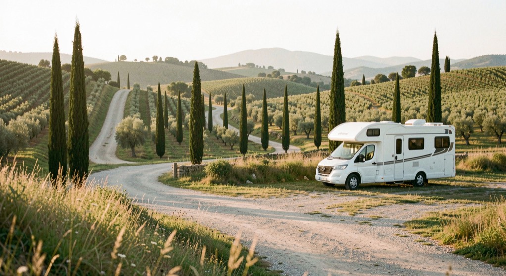 Strada bianca fra colline coltivate con filari di cipressi e un camper bianco fermo in una piazzola erbosa alla luce dorata del mattino