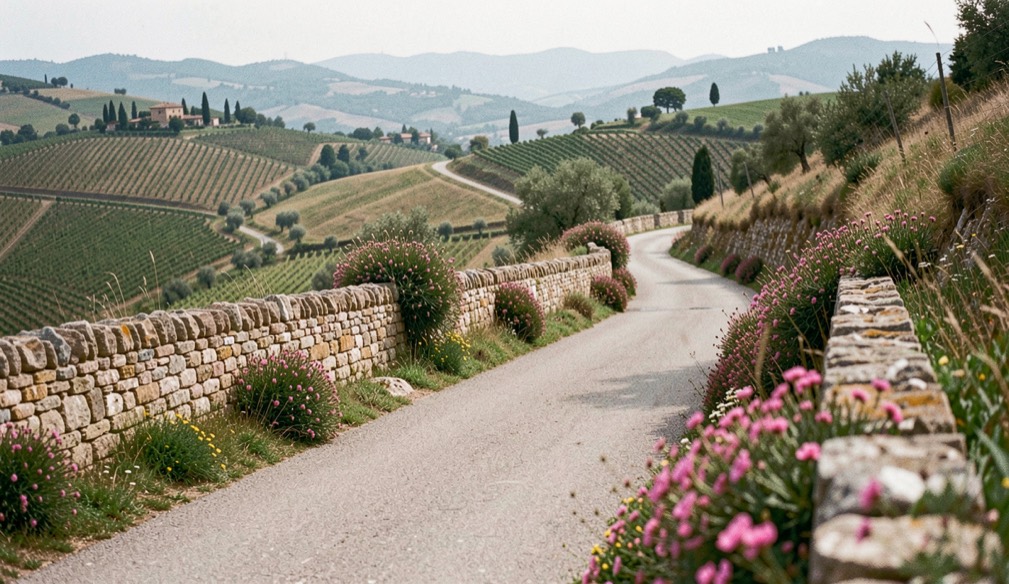 Strada provinciale stretta che segue un crinale toscano, con muretto in pietra a lato, ginestre fiorite e vallata coperta di vigne sotto